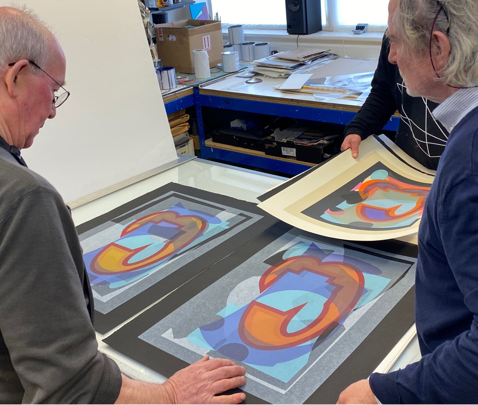 Kip and Jeff The Print Studio Cambridge Jeff Lowe and Kip Gresham checking prints