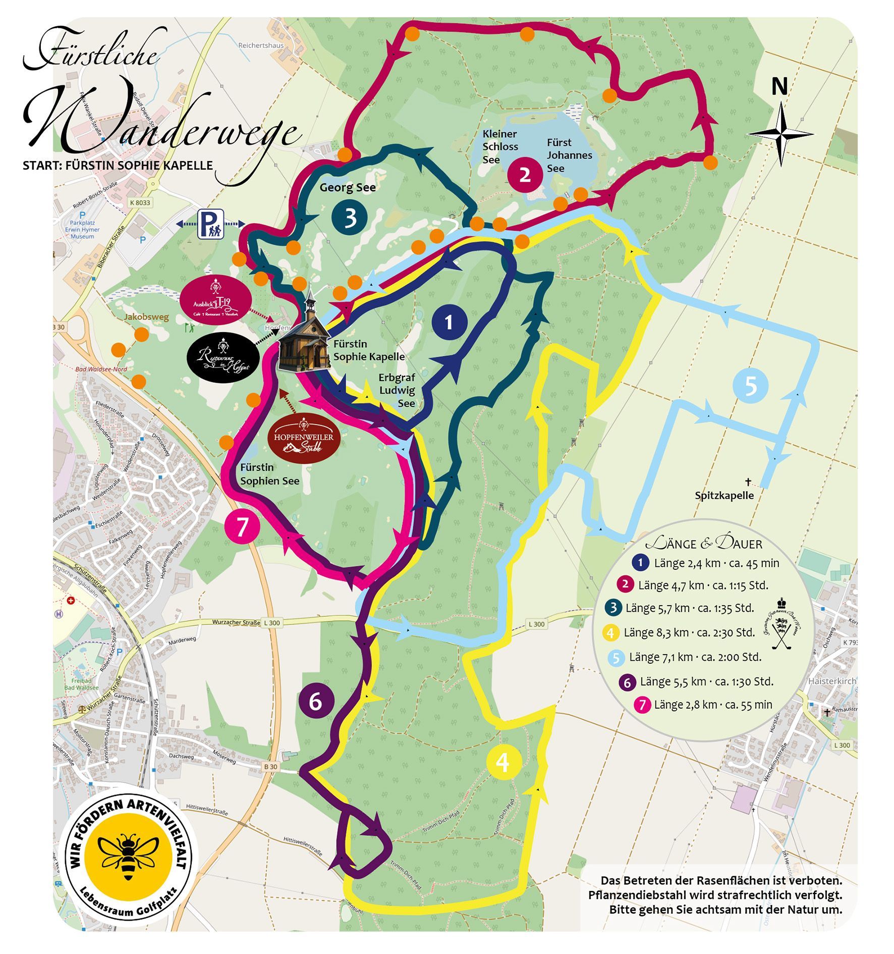 Fürstliche Wanderwege Natur-Resort Bad Waldsee, Artenvielfalt auf dem Golfplatz, Bienen, Bienenvölker, Rote Liste Pflanzen, wilde Orchideen, Smaragdeidechsen, Kreuzottern, Natur-Lehrpfad, Rund-Wanderwege,  Kaffee, Restaurant, Vinothek, erlesene Weine, Bar, selbstgebackene Kuchen, Snacks, Mittagstisch, Sonnenterrasse, Gin - Greenkeeper's Cut, Bier vom Fass, kleine Gerichte, Burger, vegetarisch, vegan, Laktose frei, Gluten frei, Café-Restaurant Ausblick T-19, Restaurant im Hofgut