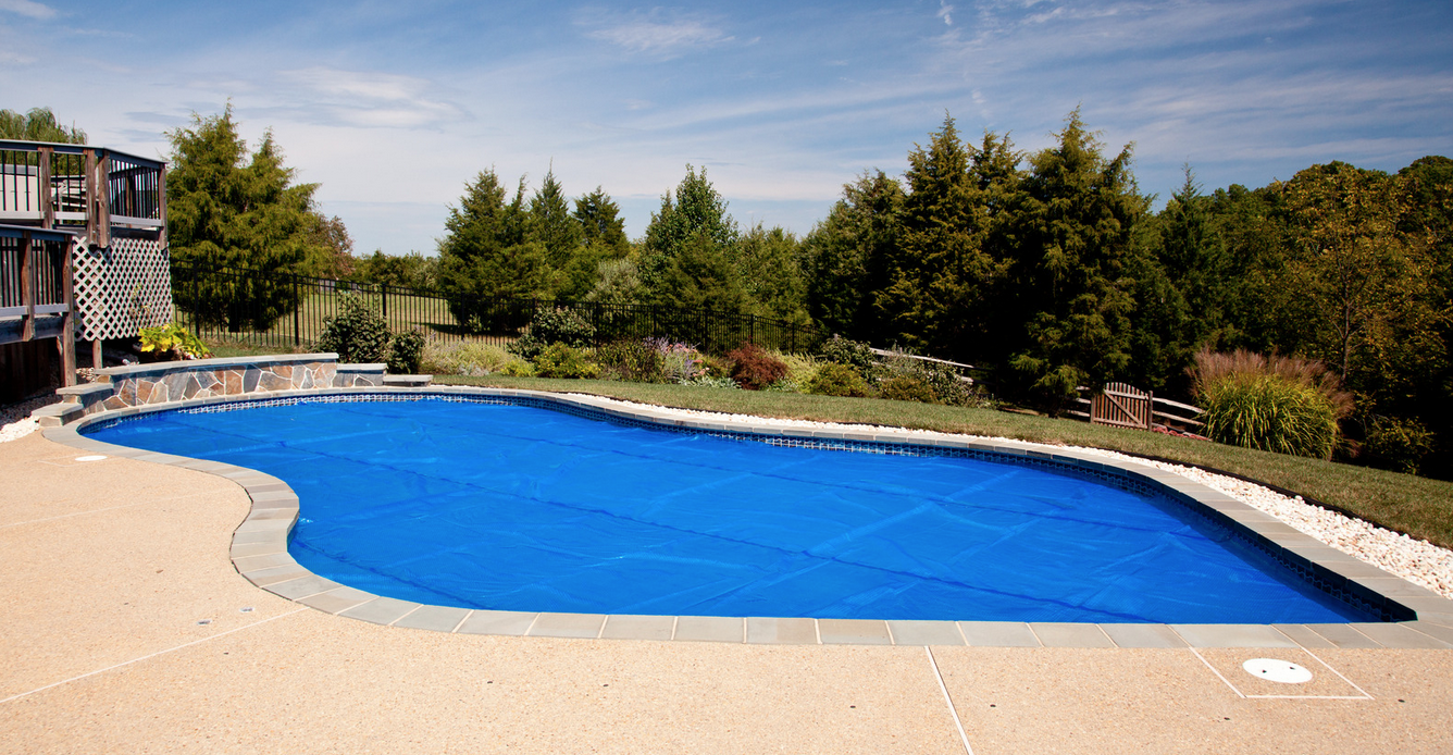pool in back yard with blue cover