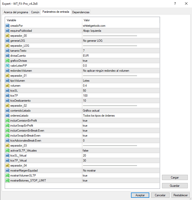 Configuración EA Gestión de Órdenes Configuración EA Gestión de Órdenes