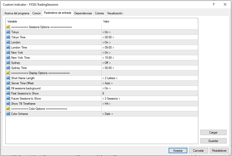 Configuración indicador Sesiones de Trading Configuración indicador Sesiones de Trading
