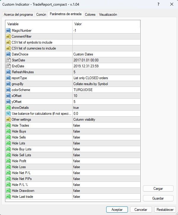 Indicador REGISTRO DE OPERACIONES para Metatrader 4 Configuración Indicador REGISTRO DE OPERACIONES para Metatrader 4 Configuración