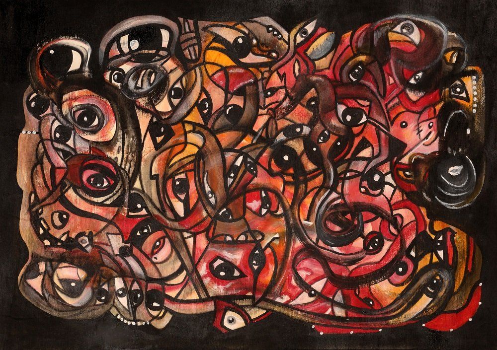 This was a dream I had. acrylic, painting, painter, artist, dutch, fantasy, intuition, inspiration, dream, nightmaire, eyes, watching, black, red, abstract, free, looks,