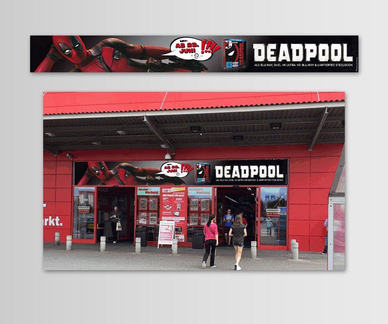 Deadpool, Twentieth Century Fox Home Entertainment, Schaufensterbanner, Design, Gestaltung, ABC creativ service, Andrea Bürgin,