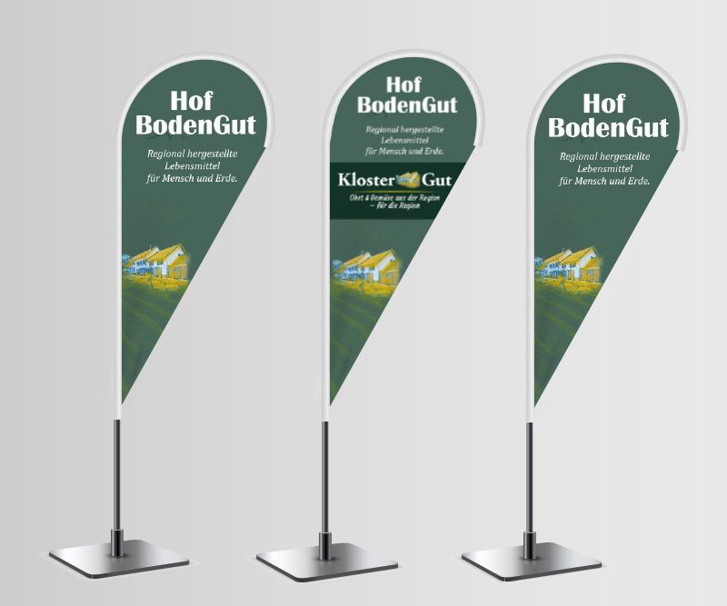 Outdoor-Fahne, dropflag, beachflag, Produktdesign, acht botaniker, hof bodengut, logo-gestaltung, produktgestaltung, abc creativ service, seeheim-jugenheim, andrea bürgin,