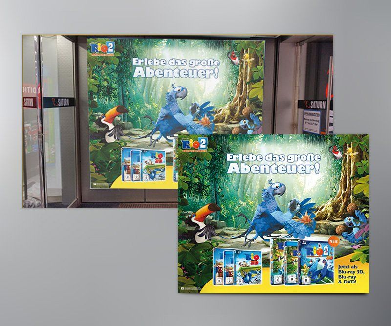 Schaufenster-Banner, Rio 2, Twentieth Century Fox Home Entertainment, Design, Gestaltung, ABC creativ service, Andrea Bürgin,