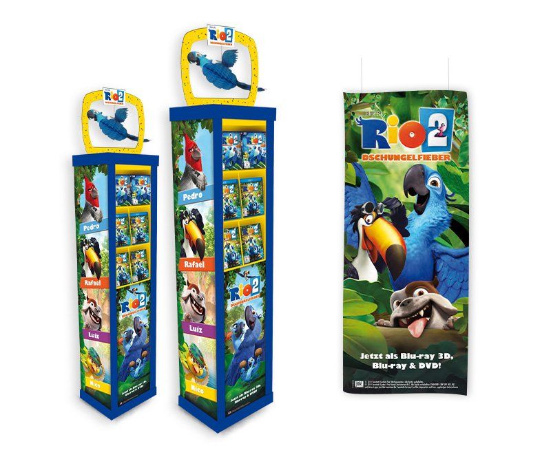 Rio 2 - Dschungelfieber, Twentieth Century Fox Home Entertainement, Warenträger, Deko-Material, Roll-Up-Display, Poster, Design, ABC creativ service, Andrea Bürgin