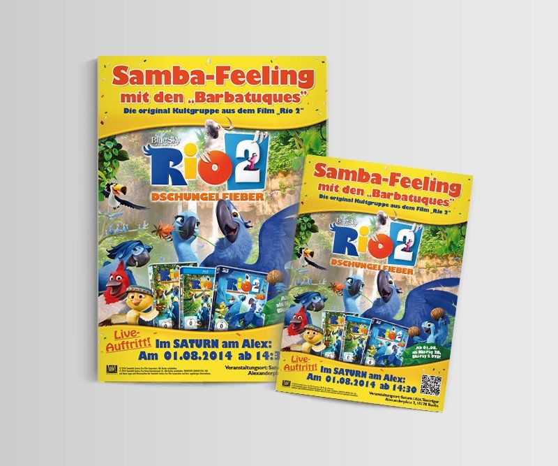 Kooperation Saturn, Flyer, Poster, Plakate, Rio 2, Twentieth Century Fox, Design, Gestaltung, ABC creativ service, Andrea Bürgin, Home Entertainment, Design, Gestaltung, ABC creativ service, Andrea Bürgin,