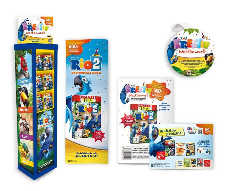 Kooperation Müller Drogeriemärkte, Rio 2, Twentieth Century Fox Home Entertainment, Warenträger, Wobbler, Poster, Flyer, Anzeigen, Stundenpläne, Gewinnspiel, Design, Gestaltung, ABC creativ service, Andrea Bürgin,