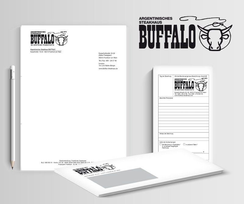 Argentinisches Steakhaus Buffalo, Frankfurt am Main, Walter Bürgin, Briefpapier, Briefumschläge, Stempel, Rechnungsbelege, Corporate Design, Grafikdesign, Andrea Bürgin, ABC creativ service,
