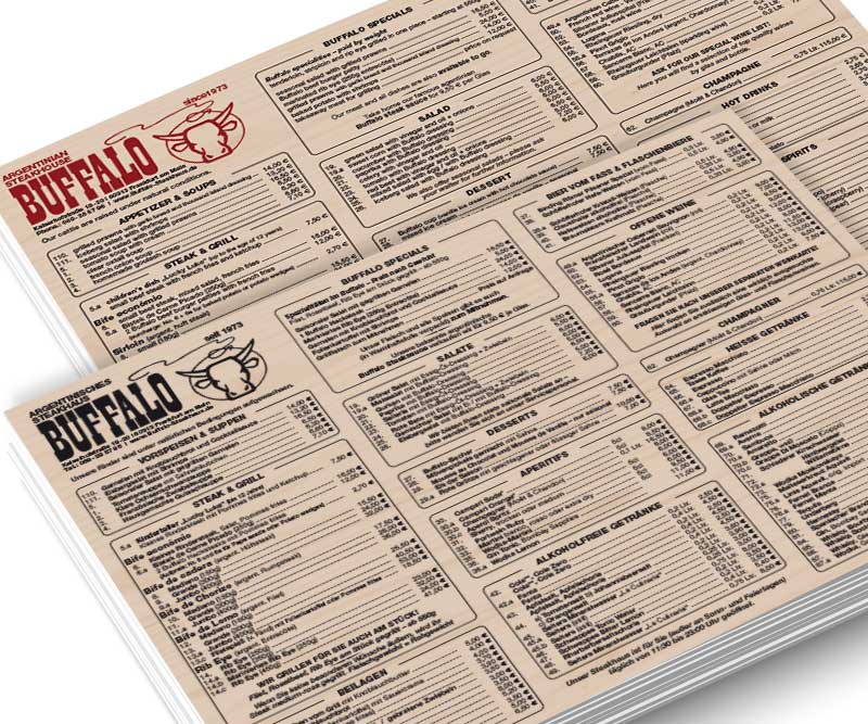 Argentinisches Steakhaus Buffalo, Frankfurt am Main, Walter Bürgin, Tim Bürgin, Speisekarten, Corporate Design, Grafikdesign, Andrea Bürgin, ABC creativ service,