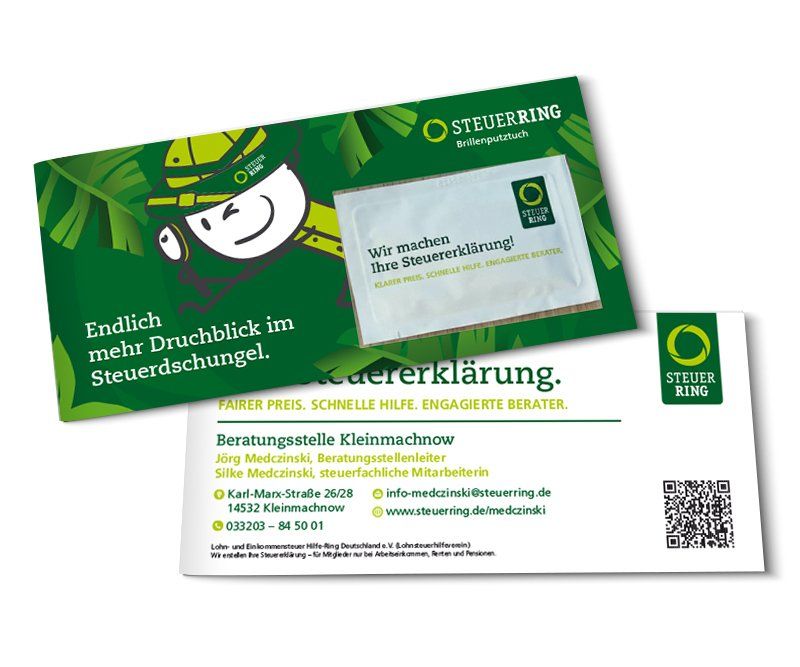 Brillenputztuch, Postkarte, Flyer, Steuerring, Lohnsteuerhilfeverein, ABC creativ service, Andrea Bürgin, Seeheim,