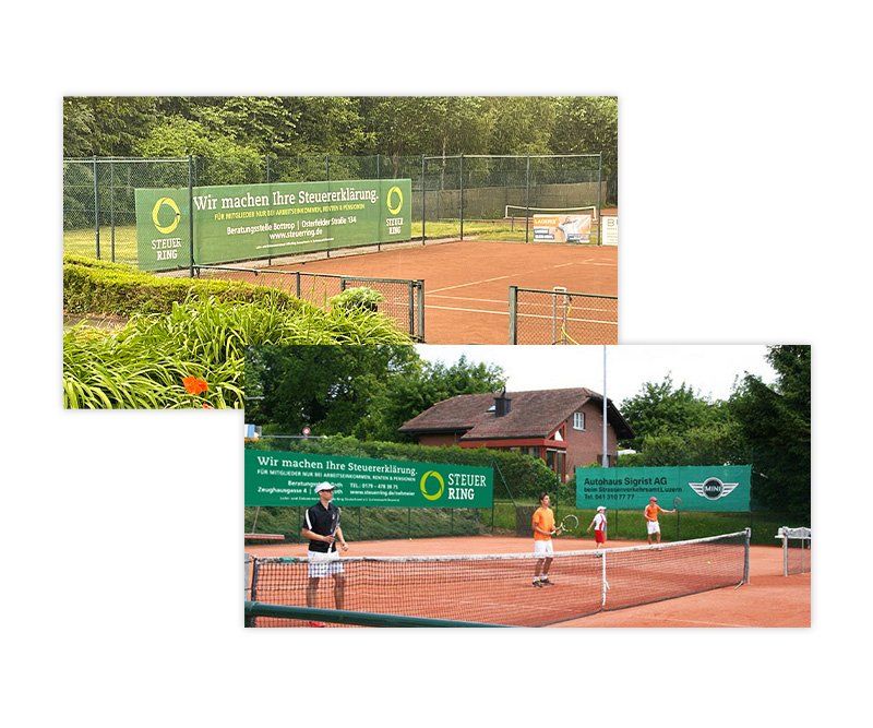 Outdoor-Werbebanner, Tennisplatz-Werbung, Steuerring, Lohnsteuerhilfeverein, ABC creativ service, Andrea Bürgin, Seeheim,