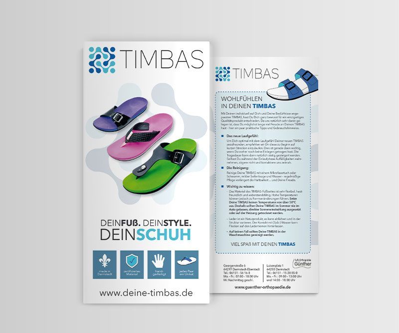 timbas, orthopädische sandalen und flip-flops, flyer gestaltung, flyer design, online-banner, flyergestaltung, hangtags, produktanhänger, gebrauchsanweisung,produktdesign, branding, grafik design, abc creativ service, andrea bürgin, seeheim-jugenheim,