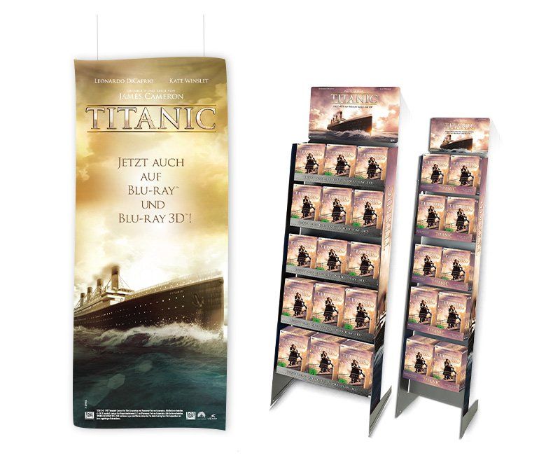 Titanic, Twentieth Century Fox Home Entertainment, Warenträger, Deko, Displays, Poster, RollUp, Fahnen, Stoffbanner, Bodenkleber, Thekendisplay, Banner, Standee, Palettendisplays, Gestaltung, ABC creativ service, Andrea Bürgin