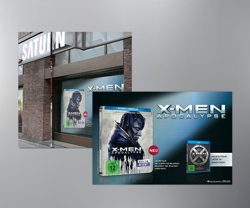 X-Men Apocalypse, Twentieth Century Fox Home Entertainment, Schaufensterbanner, Gestaltung, Design, ABC creativ service, Andrea Bürgin,