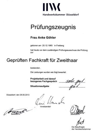 HWK Prüfungszeugnis Fachkraft für Zweithaar HWK Prüfungszeugnis Fachkraft für Zweithaar