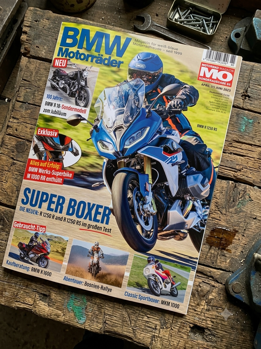 Ein Foto zeigt die Vorderseite einer deutschsprachigen Motorrad-Zeitschrift mit dem Titel „BMW Motorräder“, die auf einer rustikalen Holzwerkbank liegt. Das Cover zeigt eine blaue BMW R 1250 RS, die in einer Schräglage fährt, gefahren von einer Person in voller Schutzkleidung und einem blauen Helm. Die Hauptschlagzeile lautet „SUPER BOXER“ und kündigt einen Testbericht über die Modelle R 1250 R und R 1250 RS an. Weitere Artikel werden mit kleinen Fotos und Überschriften beworben, darunter ein Sondermodell der BMW R 18, das Superbike M 1000 RR, eine Kaufberatung für die BMW K 1600, ein Bericht über die Bosnien-Rallye und ein Porträt der MKM 1000. Oben rechts befindet sich der Schriftzug „MO SONDERAUSGABE 85“ und der Zeitraum „APRIL BIS JUNI 2023“. Die Zeitschrift ist umgeben von Werkzeugen und Material, darunter Schraubendreher, Maulschlüssel, Zangen, Schraubgläser mit Muttern und Bolzen sowie Spraydosen.