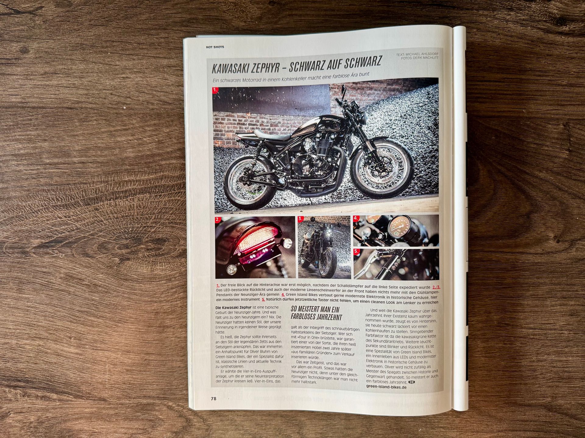Fachbericht im CUSTOMBIKE Magazin über die Kawasaki Zephyr 1100 „Schwarz auf Schwarz“ von Green Island Bikes