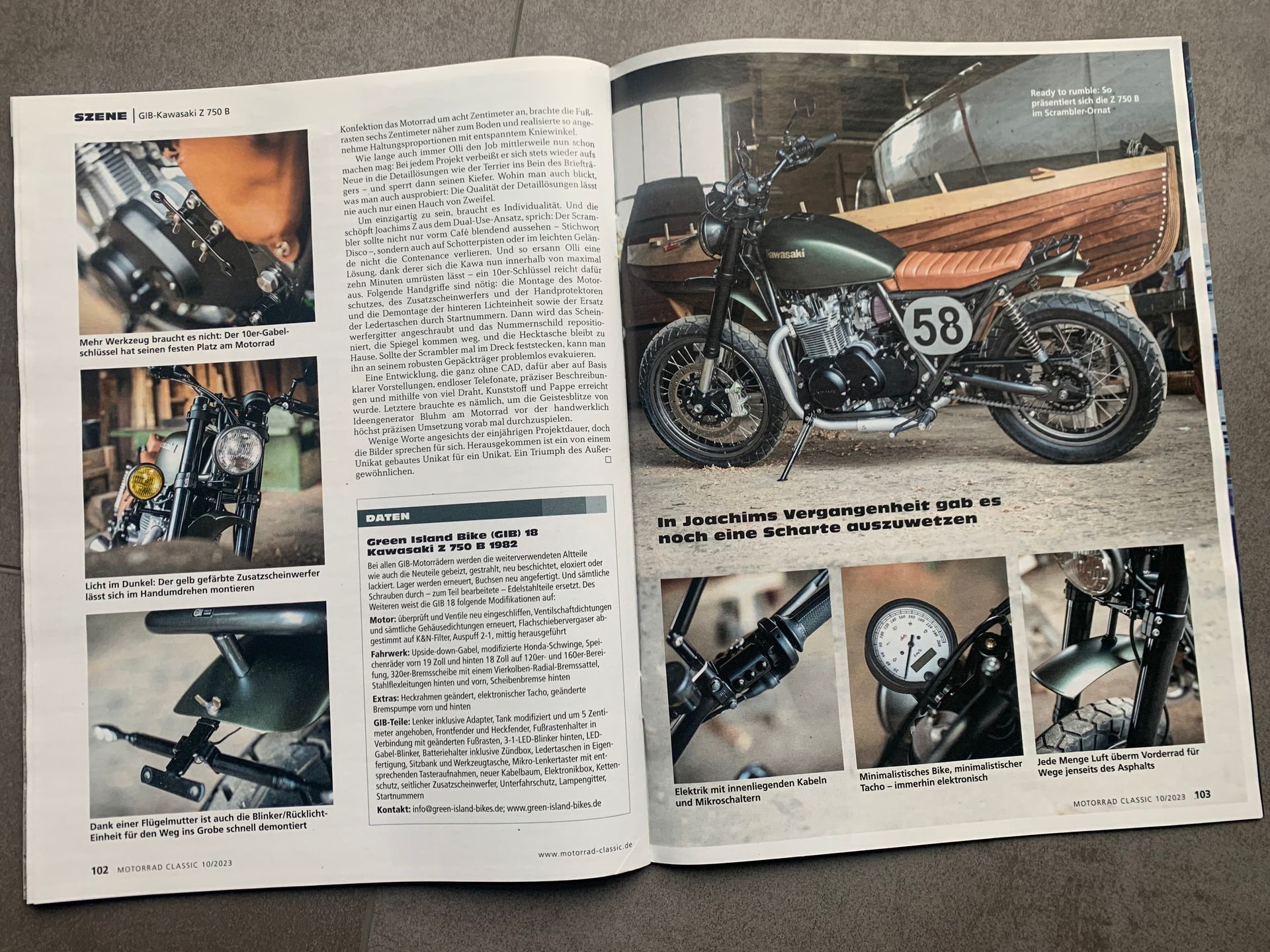 Kawasaki Z 750 B Twin von Green Island Bikes. Bericht in der Motorrad-Classic über unseren Dual Use Scrambler
