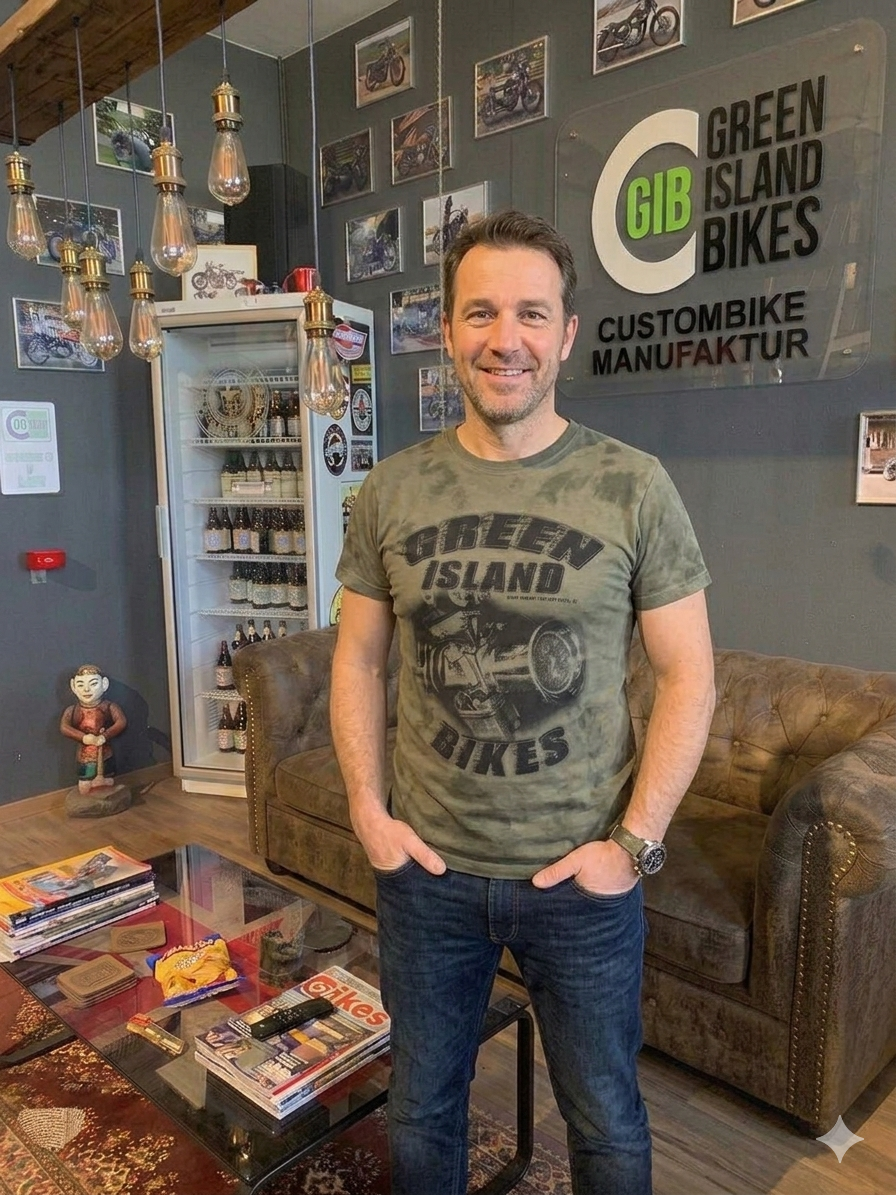 Frau trägt das handveredelte GIB T-Shirt in NATO-Grün mit individueller Oberflächenstruktur im Showroom von Green Island Bikes Volkmarsen