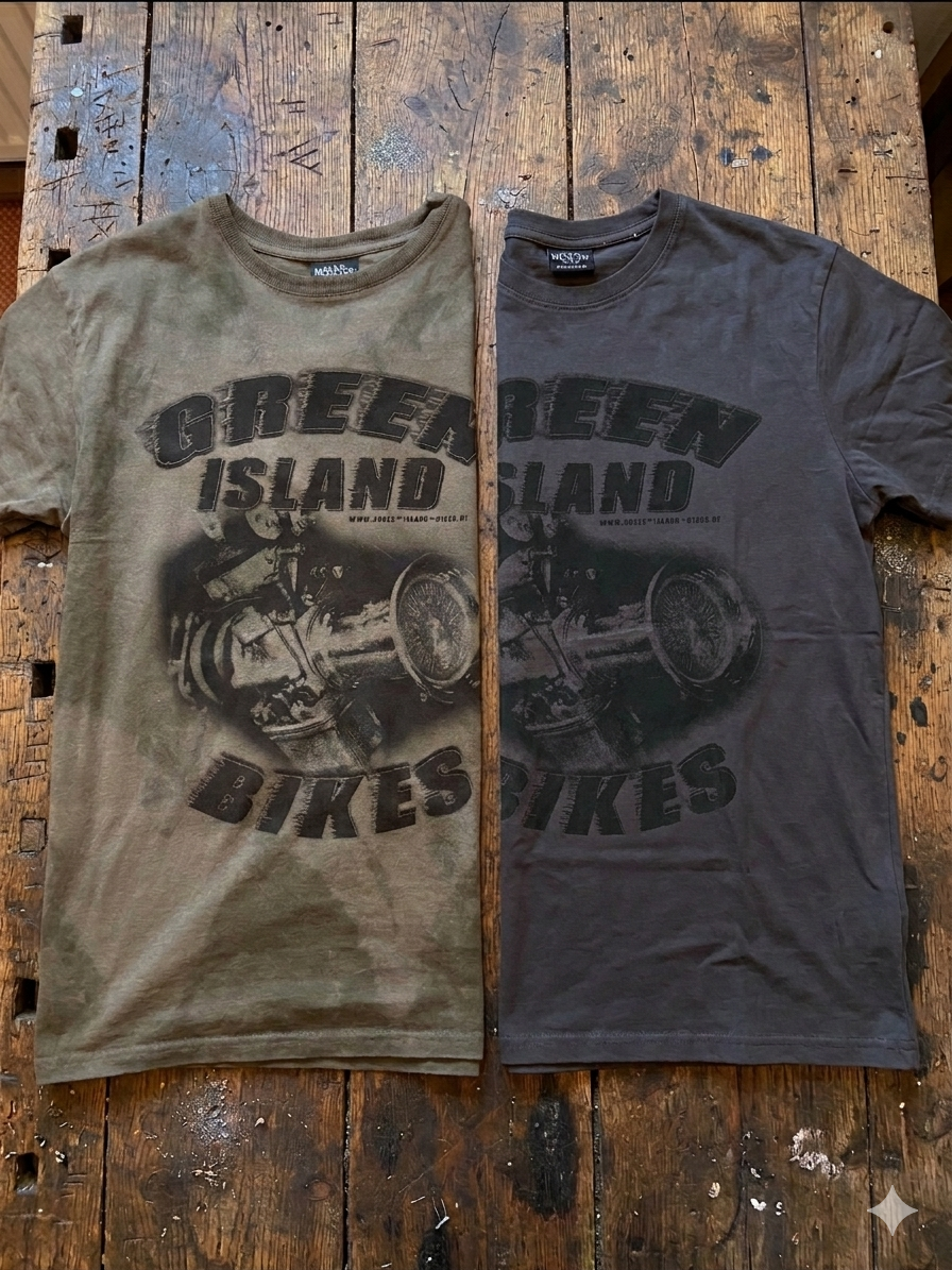 Handgefertigtes GIB T-Shirt in Anthrazit mit Vier-Zylinder-Motiv auf einer rustikalen Holzwerkbank in der Green Island Bikes Manufaktur