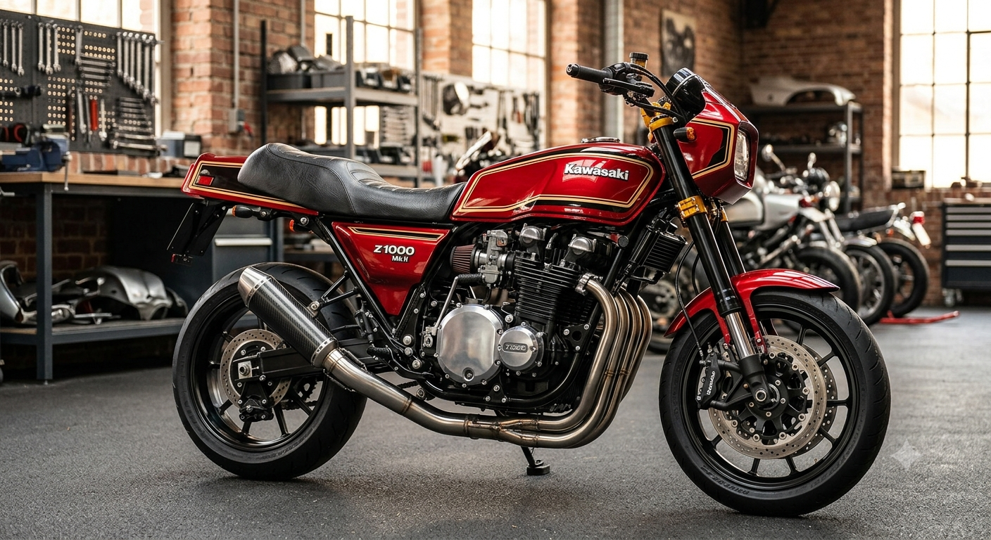 Ansicht eines klassischen Motorrad-Umbaus im rot-metallicfarbenen eckigen 70er-Jahre-Look in einer Motorradwerkstatt.