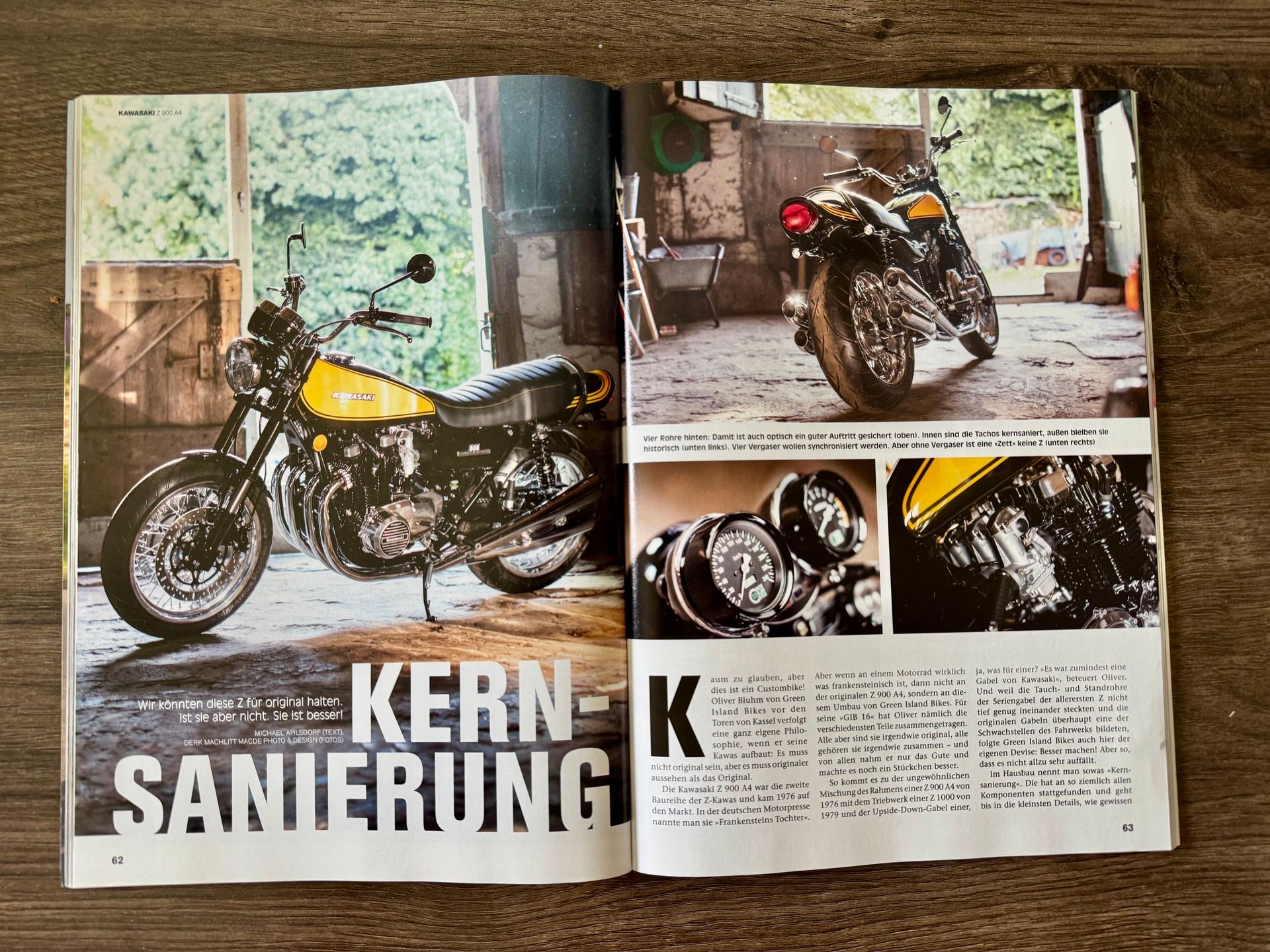 Erste Doppelseite der Custombike Reportage über die Kawasaki Z900 GIB16 mit großformatigen Fotos des vollständig kernsanierten Restomod-Umbaus