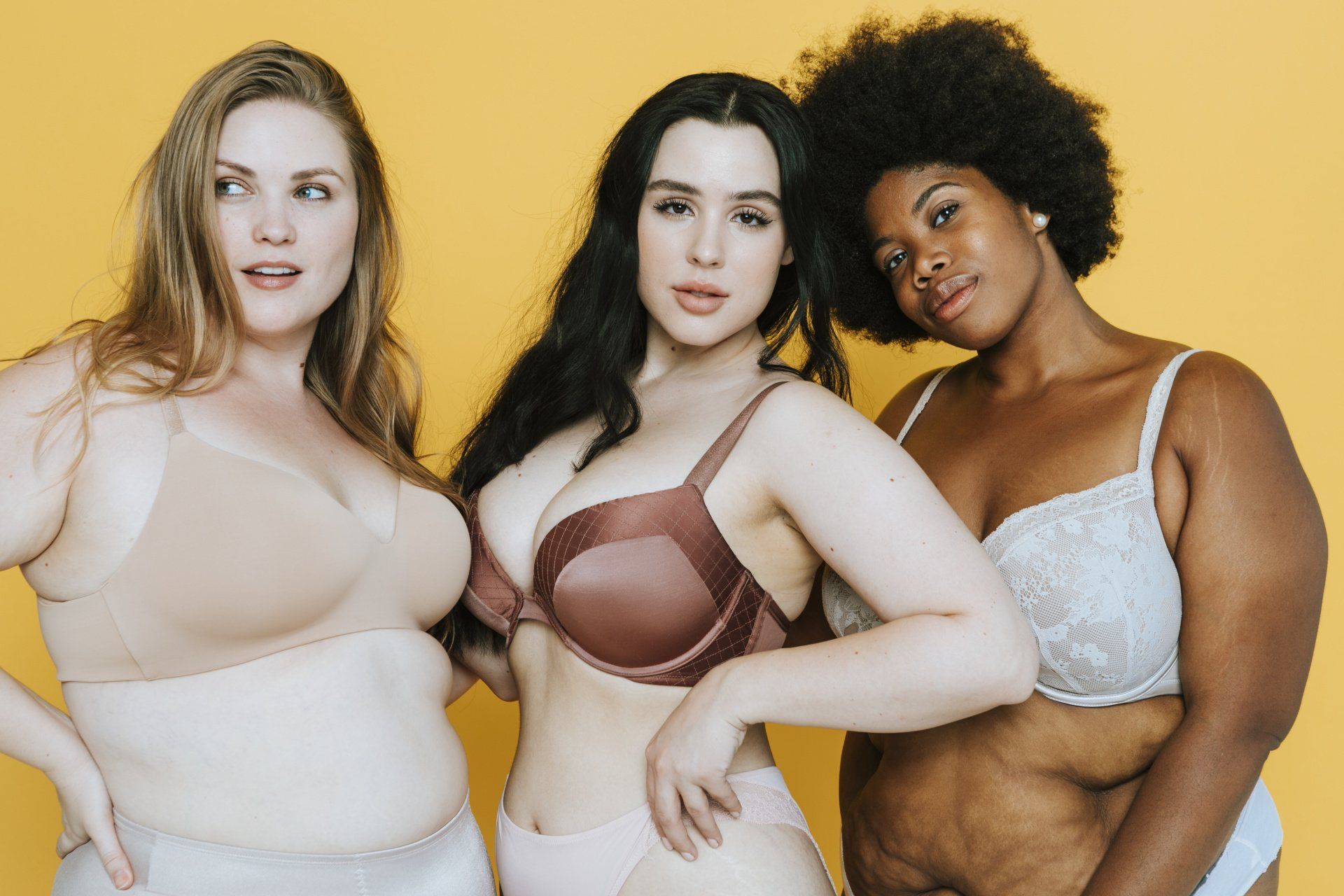 A Body Positive Image of three curvy plus size multicultural women wearing neutral lingerie