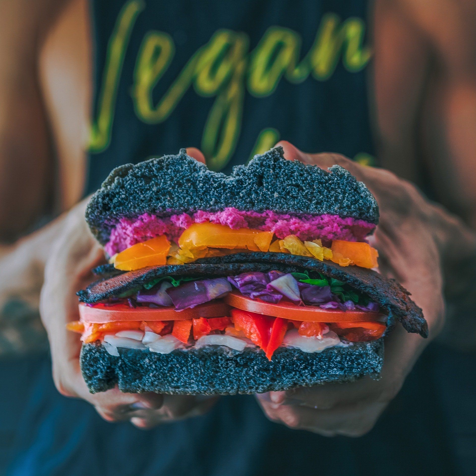 A Vegan holding a sandwich that is Beautiful Colorful and Vegan Friendly