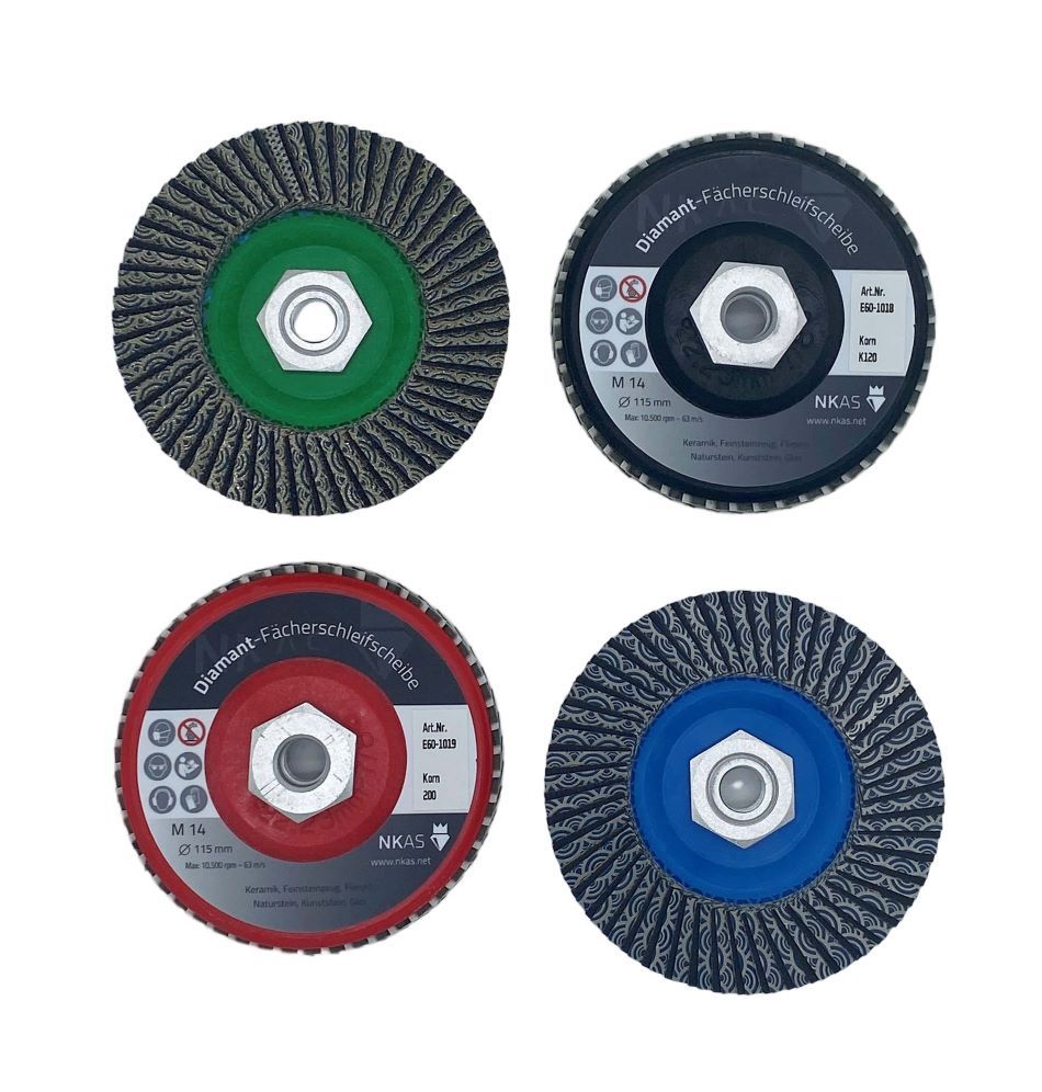 NKAS Diamant-Fächerschleifscheiben Ø 115 mm M14 Aufnahme, Diamantwerkzeuge zum Schleifen, Polieren, Kantenbearbeitung, Fasen und Entgraten