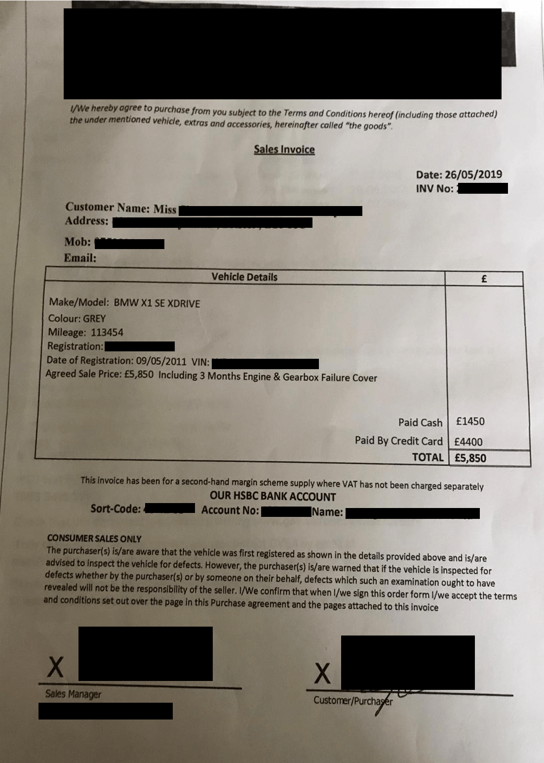 Section 75 dispute faulty vehicle invoice