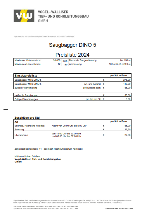 Preisliste Saugbagger