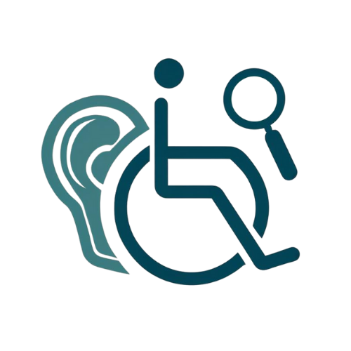 Ki-generiertes Icon für Barrierefreiheit (bestehend aus einem Rollstuhl in der Mitte, eine Lupe auf der rechten Seite und einer Ohrmuschel auf der Linken Seite, die an das Rollstuhlrad angelehnt ist.