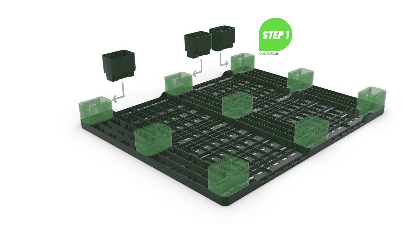 Claverpallet Step uno fare scorrere e premere i piedini sulle prese di aggancio