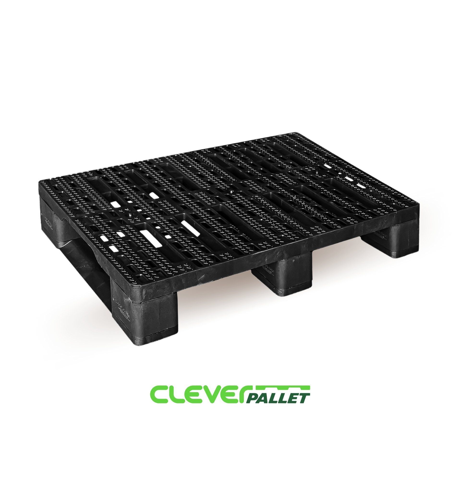 Pallet in polipropilene CleverPallet Pedana in plastica assemblabile brevettata Cleverpallet 60×80 cm Realizzata Made in Italy con materiale riciclato Resistente ed impermeabile Dotata di piedi removibili Salvaspazio Dimensioni: 60×80 cm Carico massimo indicativo: 600 kg Pedana in plastica assemblabile brevettata Cleverpallet 60×80 cm