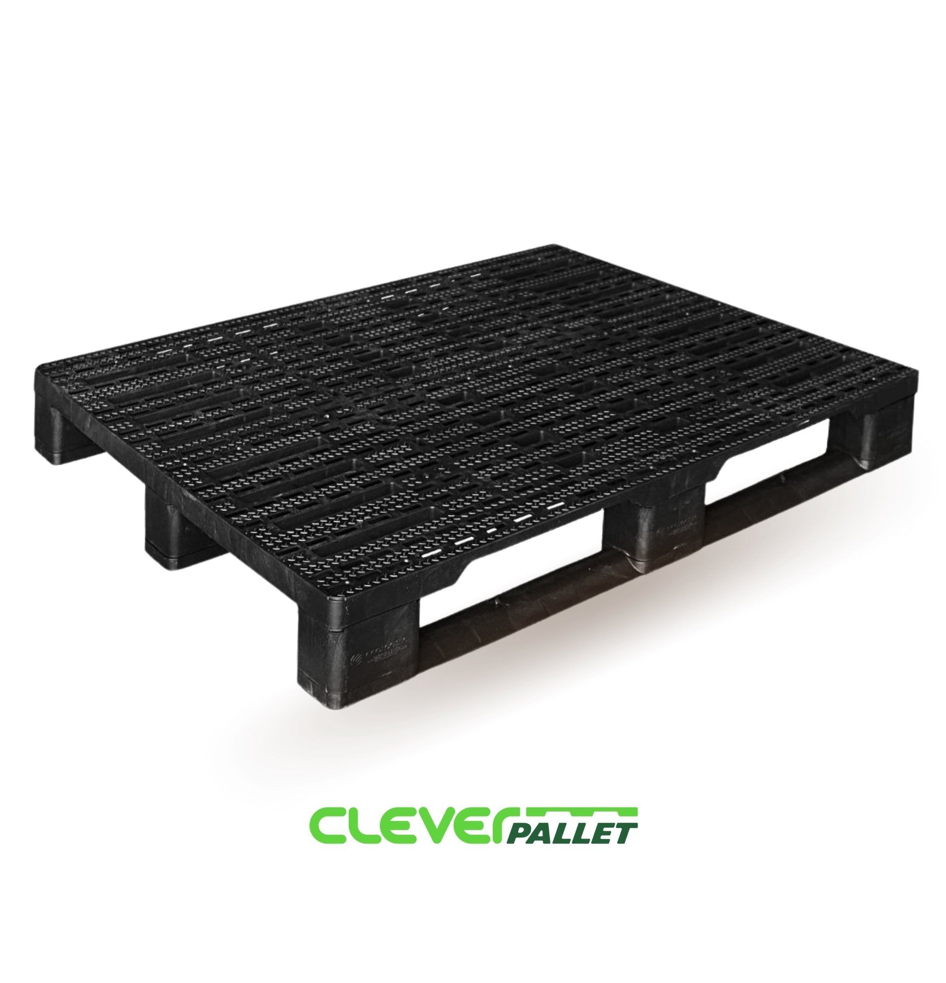 Pallet in polipropilene Pedana in plastica assemblabile brevettata Cleverpallet 100×120 cm Realizzata Made in Italy con materiale riciclato Resistente ed impermeabile Dotata di piedi removibili Salvaspazio Dimensioni: 100×120 cm Carico massimo indicativo: 1100 kg Pedana in plastica assemblabile brevettata Cleverpallet 100×120 cm