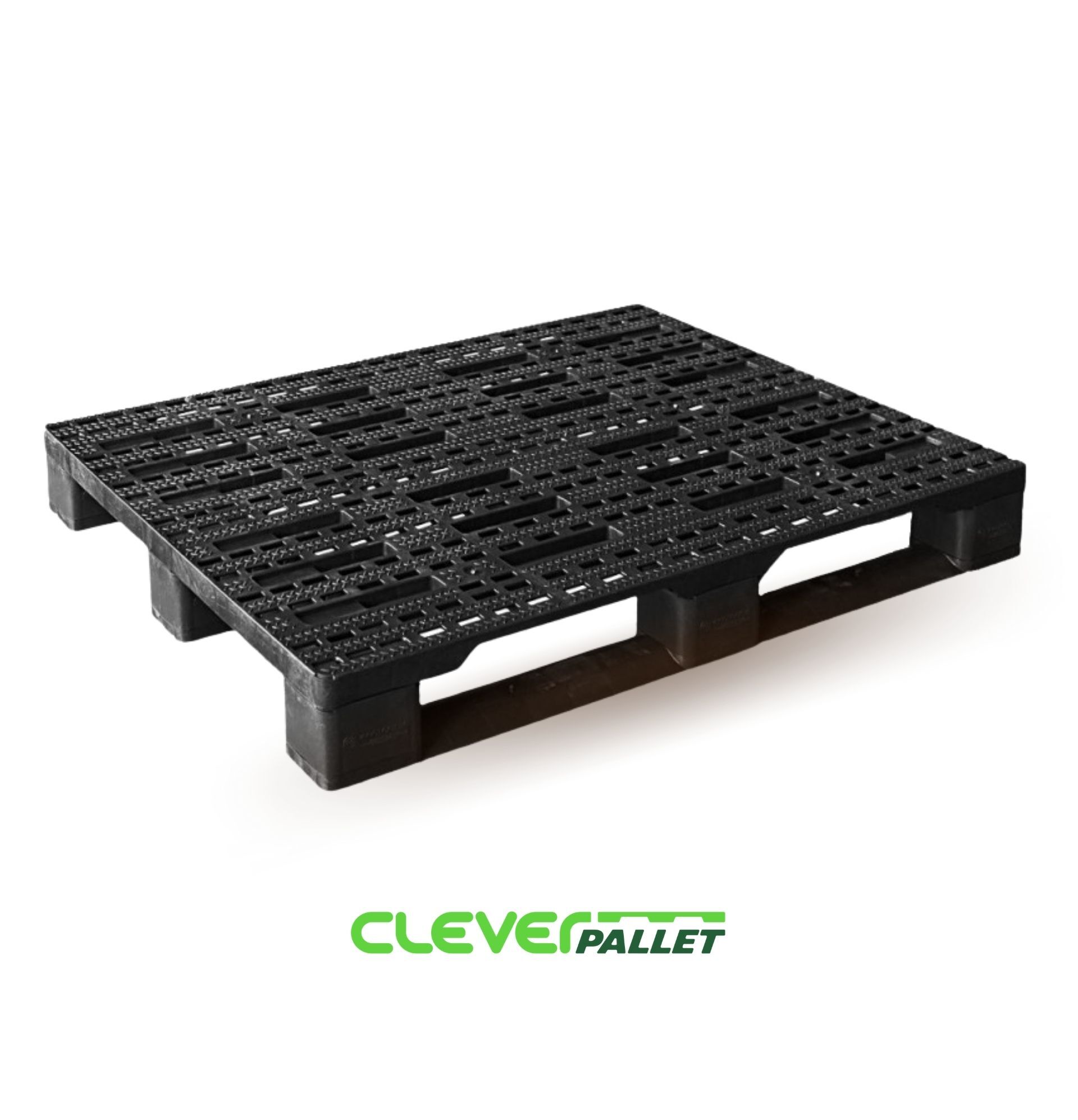 Pallet in polipropilene CleverPallet Pedana in plastica assemblabile brevettata Cleverpallet 80×120 cm Realizzata Made in Italy con materiale riciclato Resistente ed impermeabile Dotata di piedi removibili Salvaspazio Dimensioni: 80×120 cm Carico massimo indicativo: 800 kg Pedana in plastica assemblabile brevettata Cleverpallet 80×120 cm