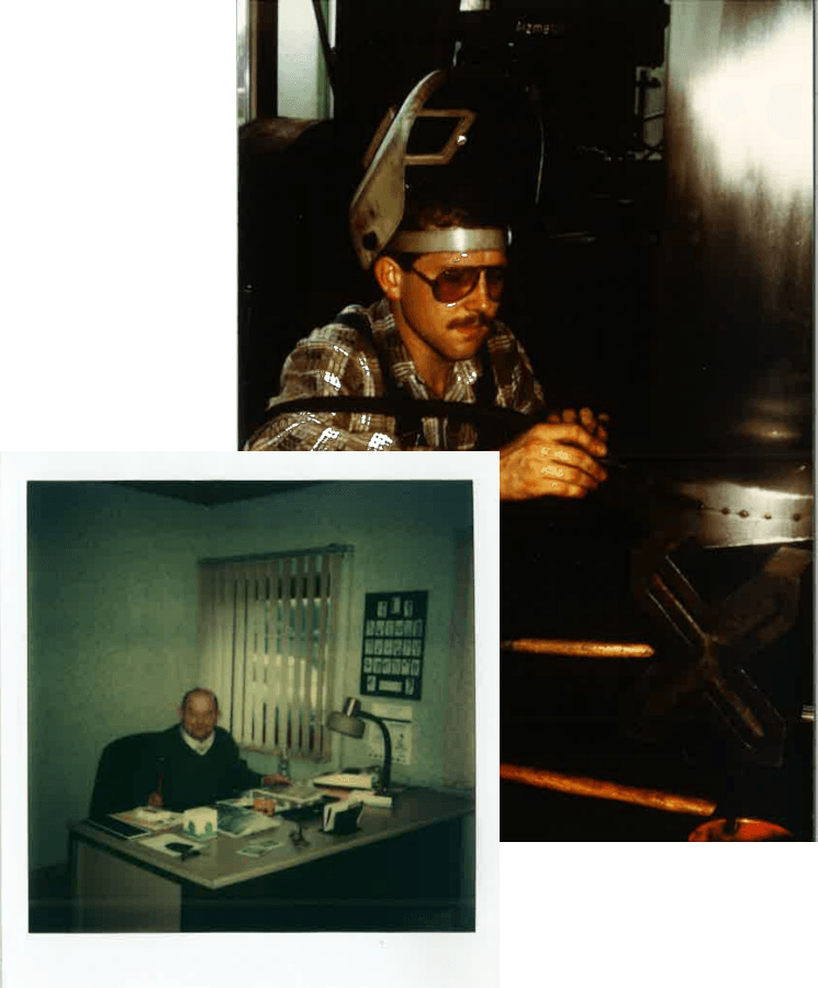 Oben zu sehen: Der junge Carsten Detert beim schweißen. Unten zu sehen: Günther Detert an seinem Schreibtisch im Büro.