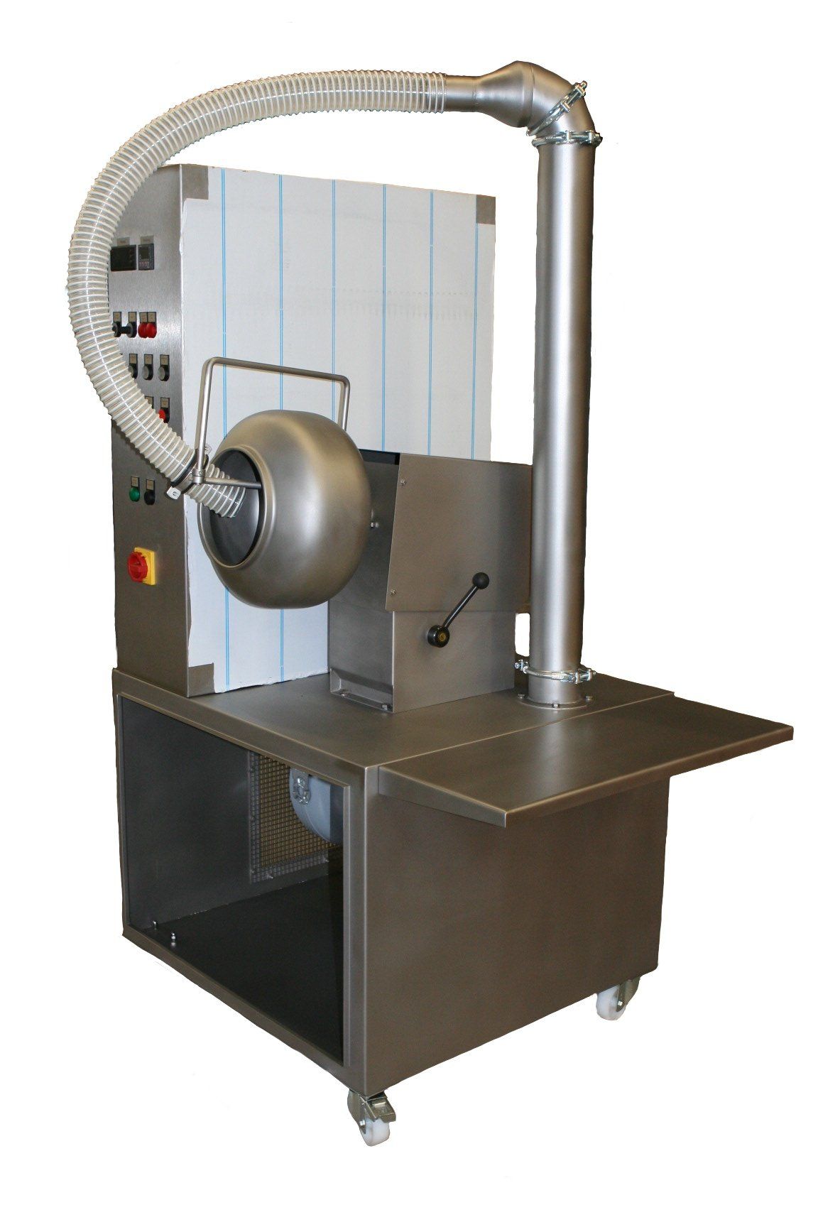 Laboranlage auf Rädern. Integrierte Prozessluftanlage in Wange auf Anlagentisch. Schwenkbarer Kessel für das Coating des Schüttguts.