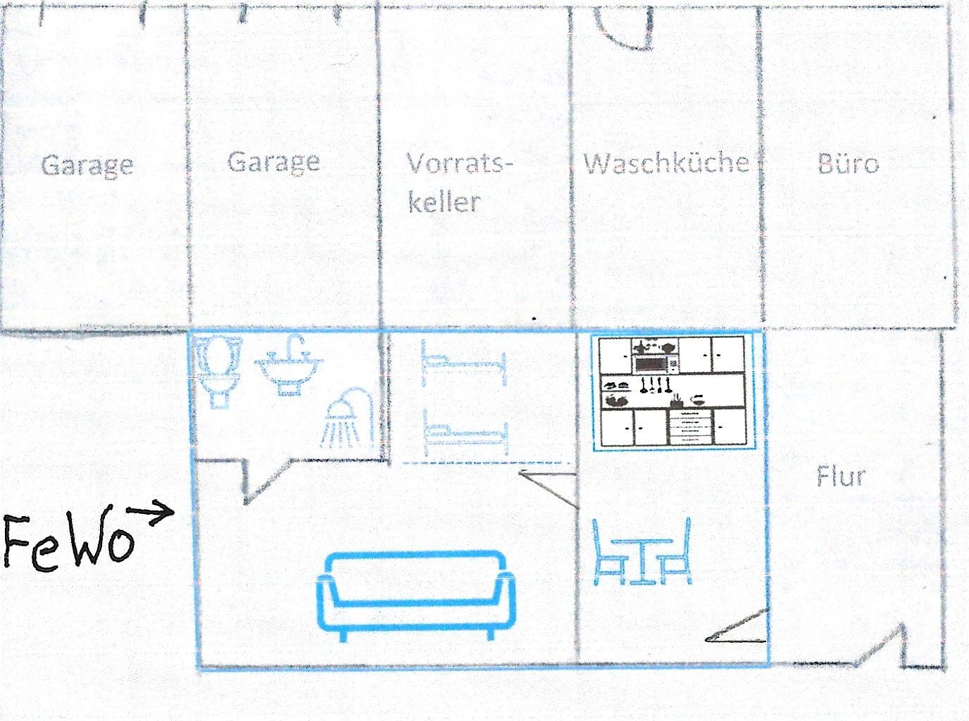 Grundriss der Ferienwohnung blau umrandet