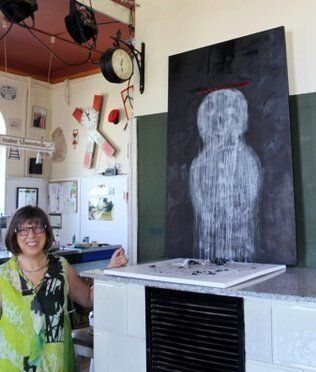 Raum und Zeit schmelzen-Schneemann, 2-teiliges Bild, Acryl, Öl, Wachs, Basalt, Roswitha Gronemann