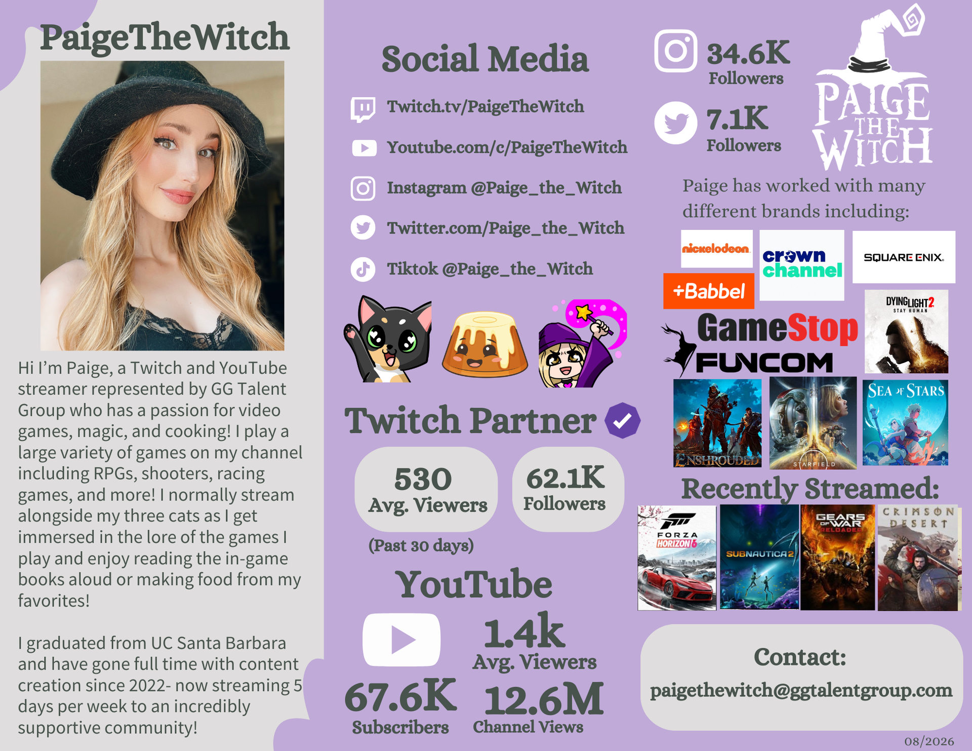 Female Content Creator Paige the Witch Sponsor Deck with Twitch and Youtube Streamer Contact Information