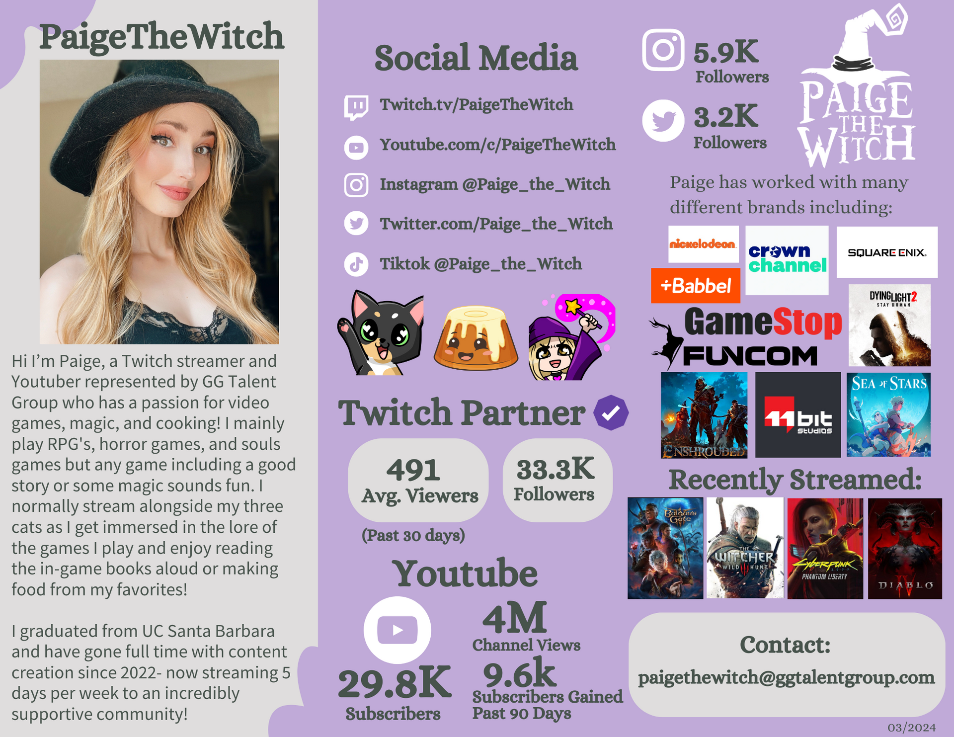 Content Creator Paige the Witch Sponsor Deck with Twitch and Youtube Streamer Contact Information