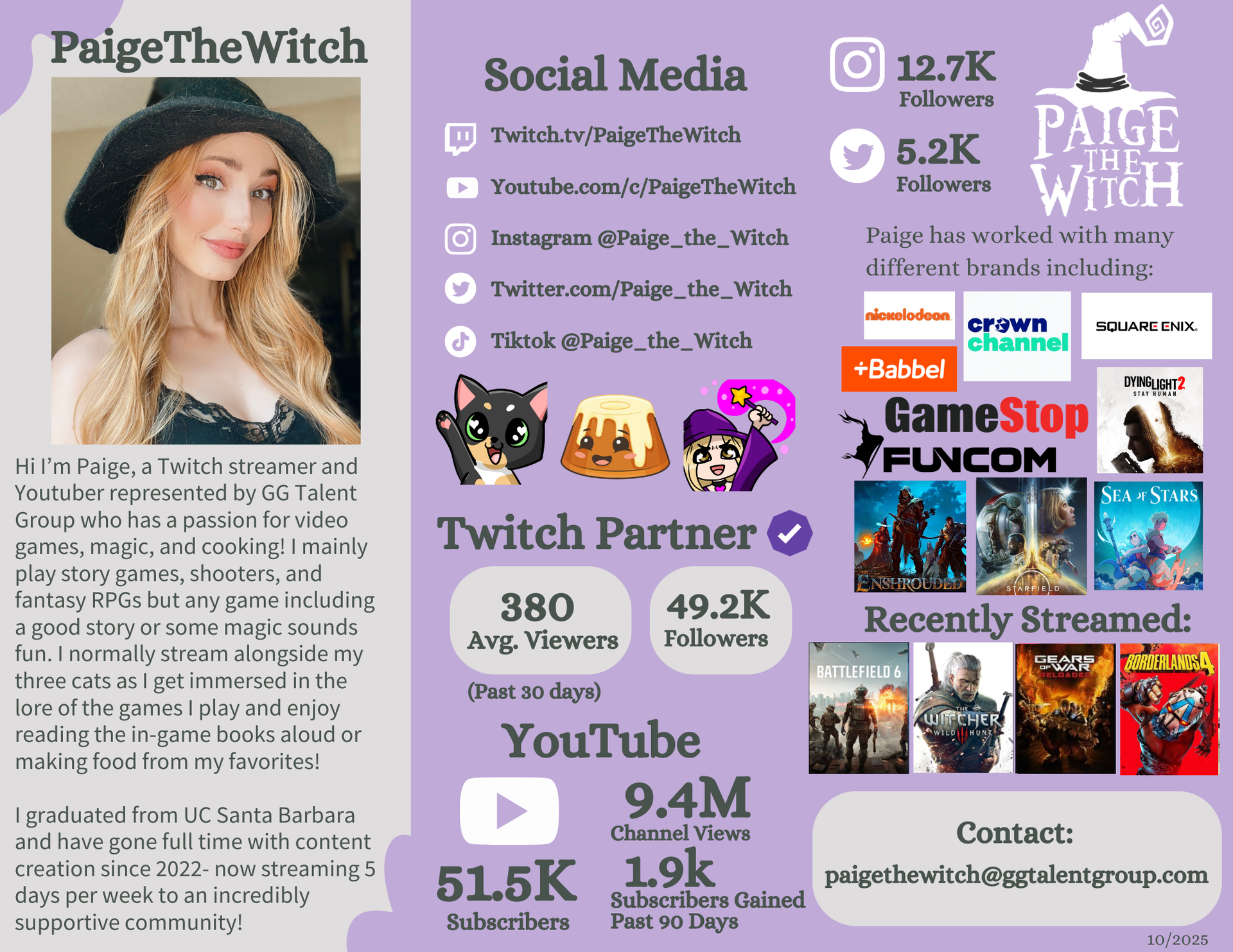 Female Content Creator Paige the Witch Sponsor Deck with Twitch and Youtube Streamer Contact Information