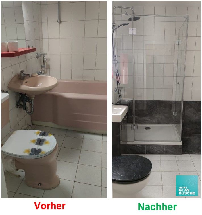 Vorher/Nachher Umbau von Badewanne zu Ganzglas-Eckdusche MEINE GLAS DUSCHE - Wanne raus, Dusche rein