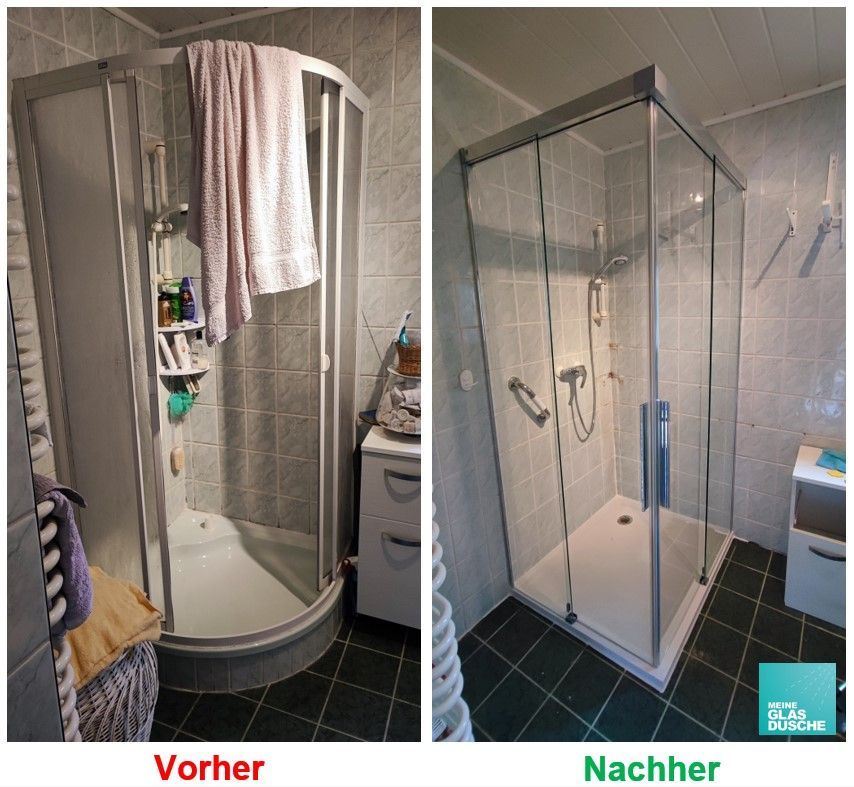 Vorher/Nachher Eckdusche gerahmt zu Ganzglasdusche mit Schiebetüren und flacher Duschwanne MEINE GLAS DUSCHE - Komplettumbau Duschen mit hoher auf flache Duschwanne