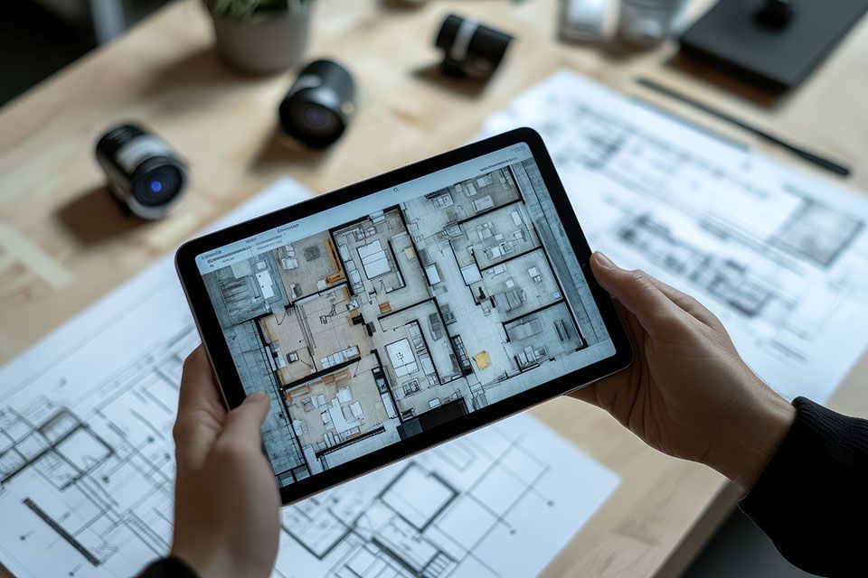 Hands hold a tablet displaying floor plans, surrounded by architectural drawings and objects