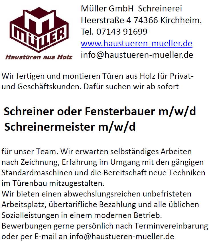 Stellenanzeige Schreinersuche