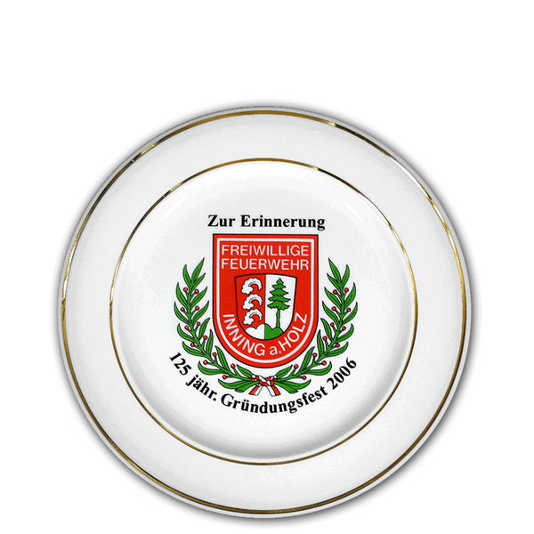 Fahnenteller 19 cm Wandteller, Jubiläumsteller, Erinnerungsteller bedruckt mit dem eigenen Motiv, Wappen oder Logo von der Schwemmlein GmbH aus Bayreuth